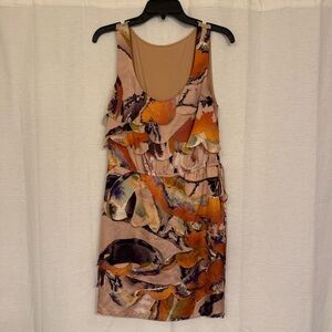 Abstract Print scalloped layer Sleeveless mini Dress w/waistline drawstring